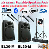 E-lektron EL30-M Package 2 X 12" inch 1400W Bluetooth 5.0 TWS linkable Portable Speaker Set Laud Sound PA System with Stands