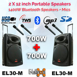 E-Lektron EL30-M Set 2X12" inch TWS Linkable Bluetooth 5.0 Portable 1400W Powerful PA Speakers Sound System