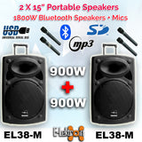 E-Lektron EL38-M Set 2X15" inch TWS Linkable Bluetooth 5.0 Portable 1800W Powerful PA Speakers Sound System