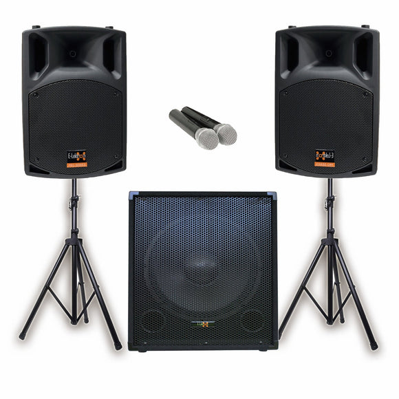 E-Lektron Sonic Boost Pro SBP-825 Bluetooth Vocal Bass Sound PA System UHF Mics and stands