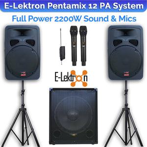 E-Lektron Pentamix 522 2200W Bluetooth Vocal Sound System with Linkable Microphones Stands for Event DJ Party Band