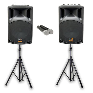 E-Lektron UHF30-MS 1400W 2X12" inch Bluetooth Wireless linkable Loud Portable PA Speakers Sound System Recoding incl.4 UHF Mics and Stands