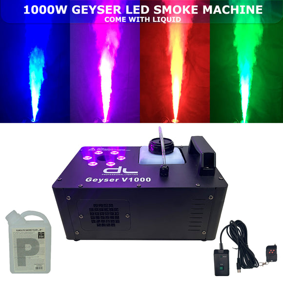 DL Geyser Vertical 1000W Tri-color RGB LED with Fluid Sensor Fog Machine come with Wireless Remote Control 2L Liquid