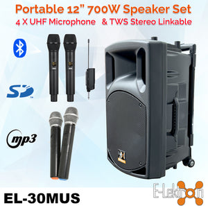 E-Lektron EL30-M 700W 12" inch Bluetooth Wireless linkable Loud Portable PA Speaker Sound System incl.4 UHF Handheld Mics  for Karaoke Coach Speech Singing