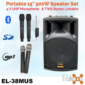 E-Lektron EL38-MUH 900W 15" inch Bluetooth Wireless linkable Loud Portable PA Speaker Sound System Recoding incl.4 UHF Handheld Mics for Karaoke Party Event Speech Singing