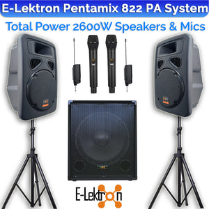 E-Lektron Pentamix 822 2600W Bluetooth Vocal Sound System with Linkable Microphones Stands for Event DJ Party Band