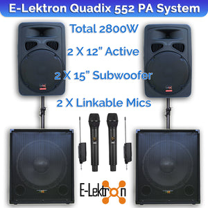 E-Lektron Quadix 552 2800W Active & Subwoofer Vocal Speakers Sound System with linkable UHF Mics and Poles