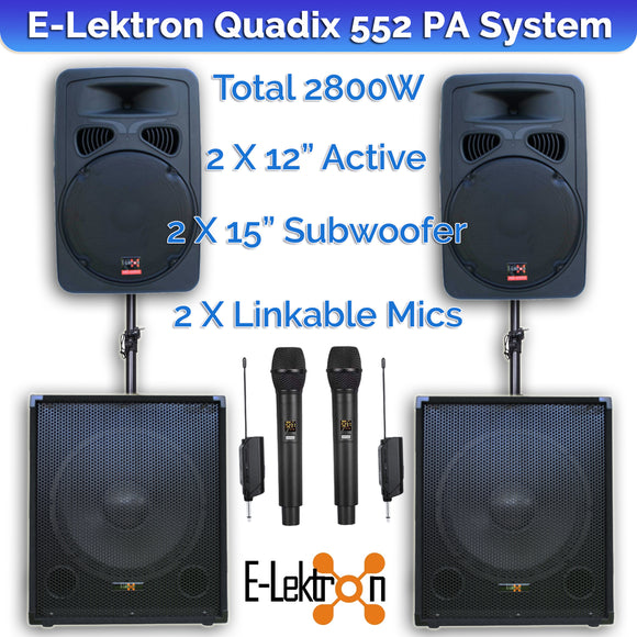 E-Lektron Quadix 552 2800W Active & Subwoofer Vocal Speakers Sound System with linkable UHF Mics and Poles