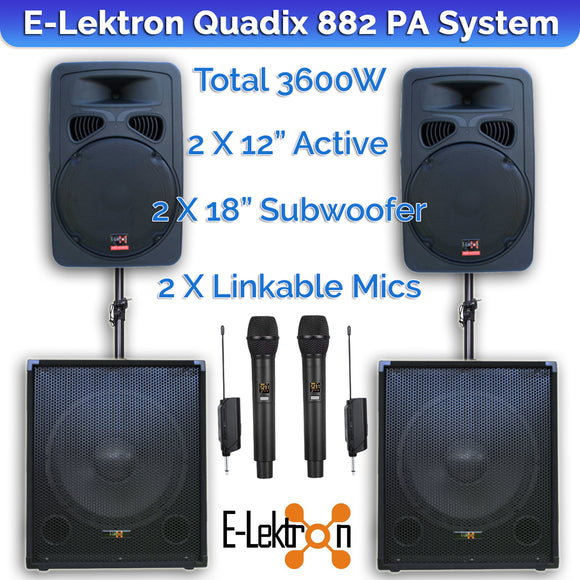 E-Lektron Quadix 882 3800W Active & Subwoofer Vocal Speakers Sound System with linkable UHF Mics and Poles