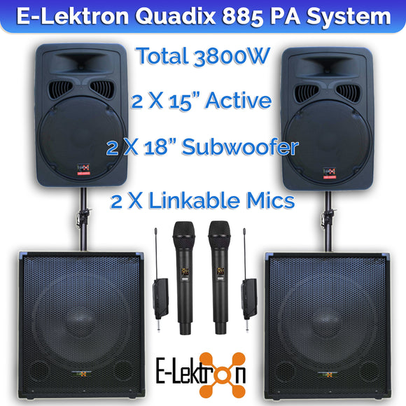 E-Lektron Quadix 885 3800W Vocal Sound System with Linkable UHF Mics and Poles