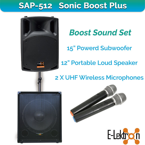 E-Lektron Sonic Boost Plus SAP-512 Bluetooth Vocal Bass Sound PA System UHF Mics and Pole