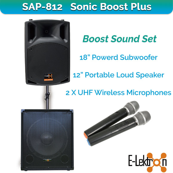 E-Lektron Sonic Boost Plus SAP-812 Bluetooth Vocal Bass Sound PA System 2 X UHF Mics