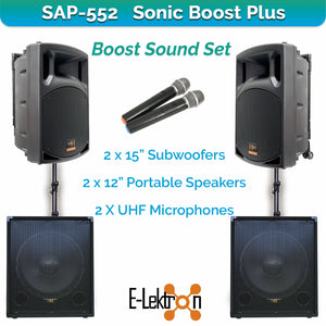 E-Lektron Sonic Boost Plus SAP 552 Bluetooth Vocal Bass Sound PA System UHF Mics and Pole