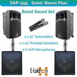 E-Lektron Sonic Boost Plus SAP 555 Bluetooth Vocal Bass Sound PA System UHF Mics and Pole