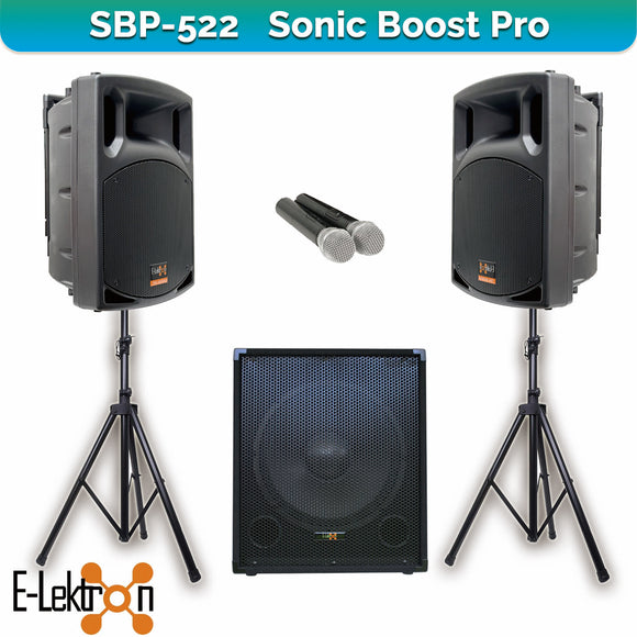 E-Lektron Sonic Boost Pro SBP-522 Bluetooth Vocal Bass Sound PA System UHF Mics and stands