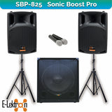 E-Lektron Sonic Boost Pro SBP 825 Bluetooth Vocal Bass Sound PA System UHF Mics and stands