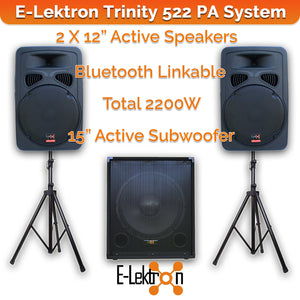 E-Lektron Trinity 525 2400W Bluetooth Sound System with 2X15" inch Active Speakers 15" Active Subwoofer Stands for Event DJ Party Disco Night