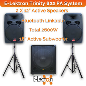 E-Lektron Trinity 822 2600W Bluetooth Sound System with 2X12" inch Active Speakers 18" Active Subwoofer Stands for Event DJ Party Disco Night